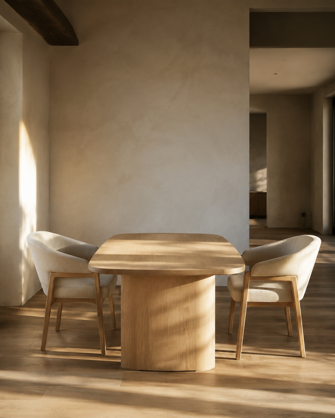 houten tafel met twee stoelen tegenover elkaar in warm strijklicht