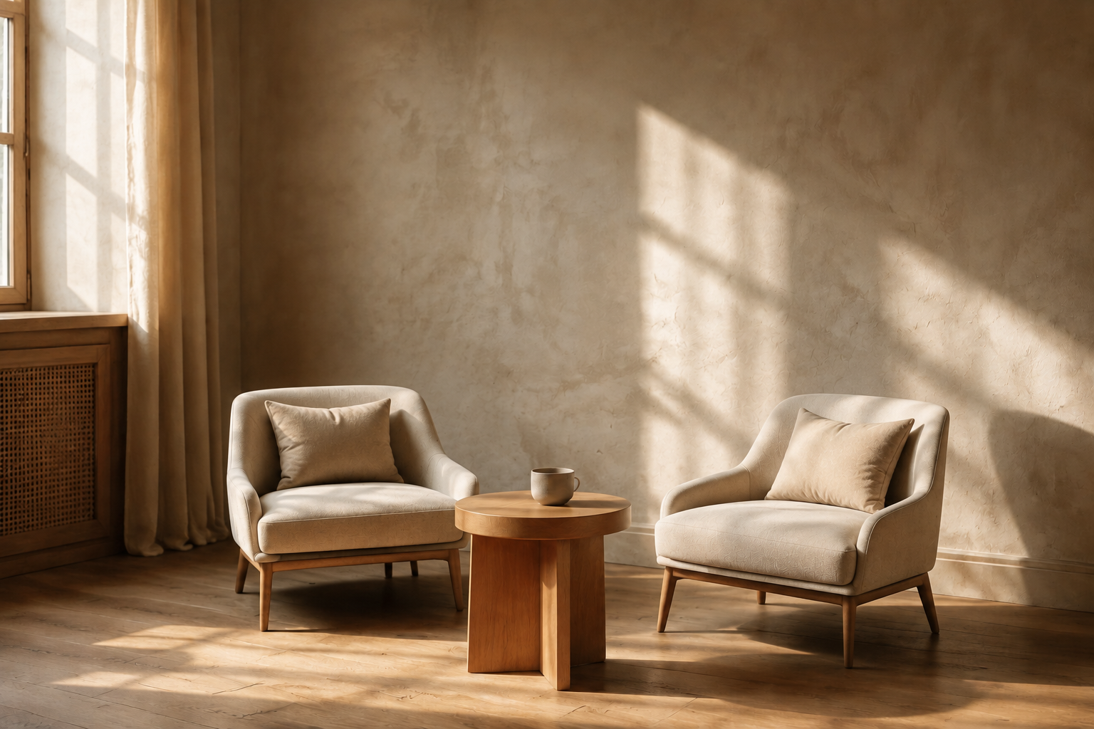 twee zachte fauteuils met een klein rond bijzettafeltje